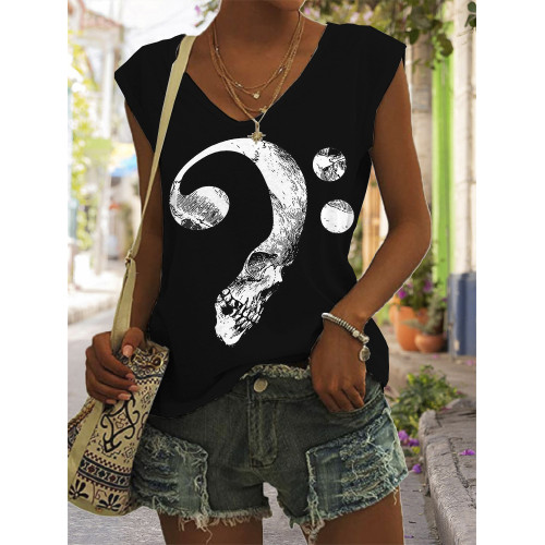Music Lover Bass Clef Skull Art V Neck Tank Top