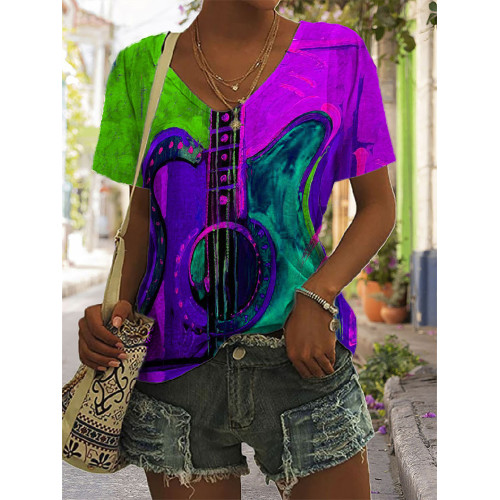 Music Lover Guitar Contrast Painting V Neck T Shirt
