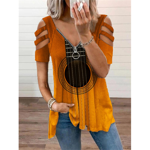 Music Lover Guitar Inspired Hollow Shoulder T Shirt