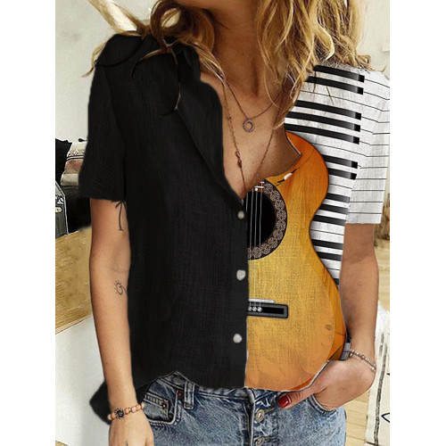 Music Lover Guitar & Piano Inspired Contrast Blouse
