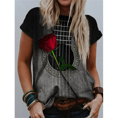 Music Lover Rose On Guitar Art Crew Neck T Shirt