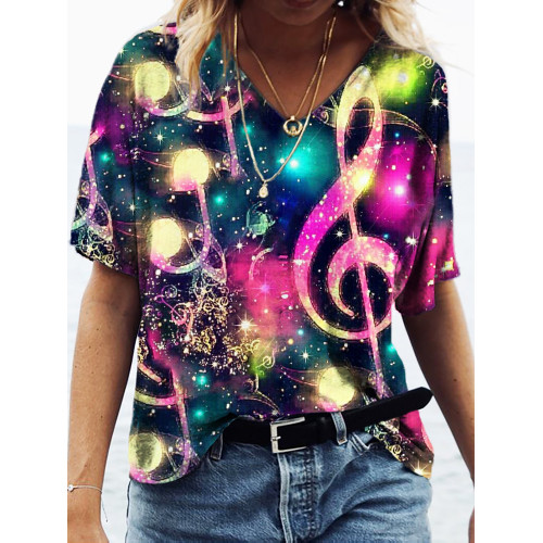Music Neon Colorful Print V-neck T-shirt