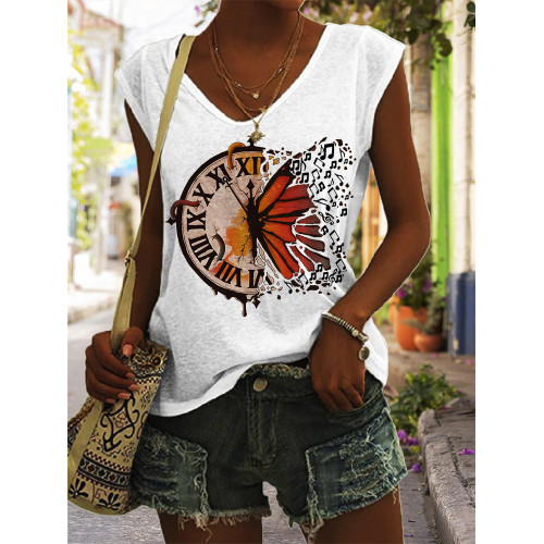 Music Note Clock Butterfly Art Print V-Neck Tank Top