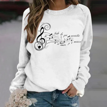 Music Note Faith Print Round Neck Long Sleeve Sweatshirt