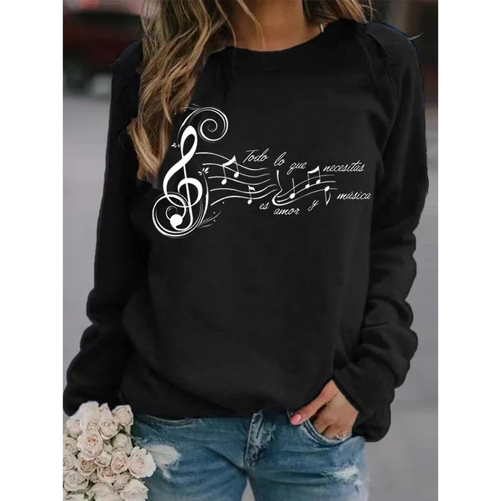 Music Note Faith Print Round Neck Long Sleeve Sweatshirt