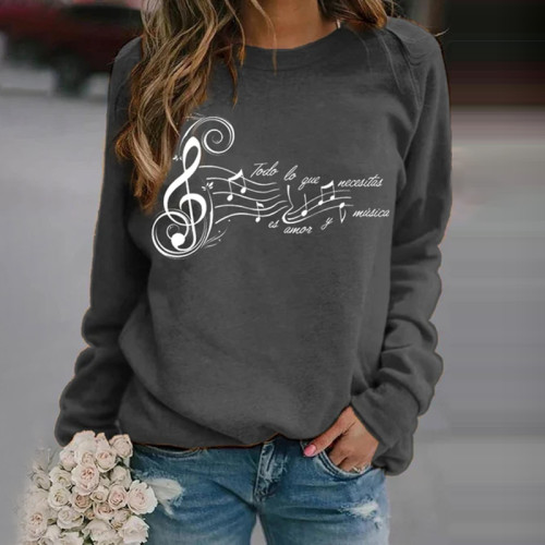 Music Note Faith Print Round Neck Long Sleeve Sweatshirt