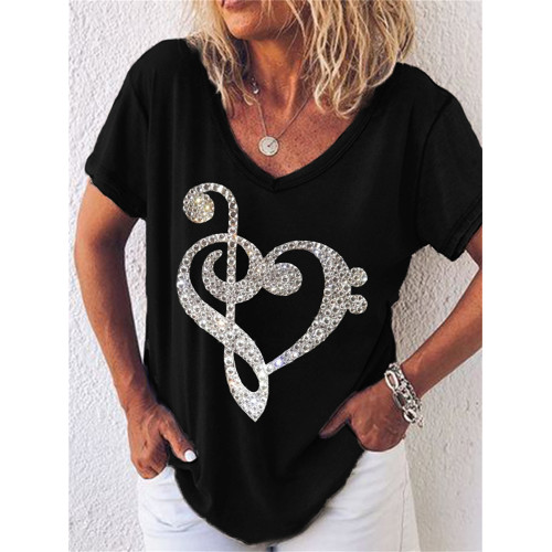 Music Note Glitter Heart V Neck T Shirt