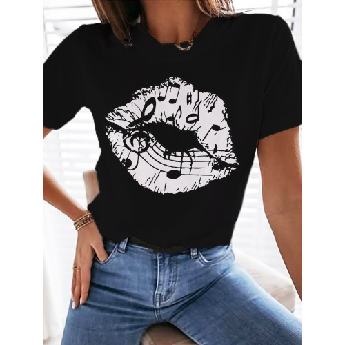 Music Note Lipstick Short Sleeve Casual T Shirt