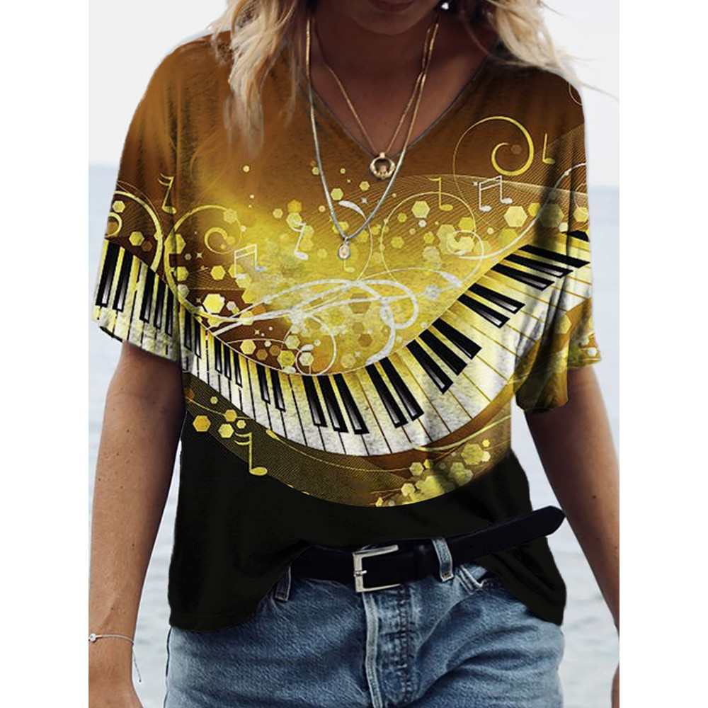Music Note Piano Key Art Print V-Neck T-Shirt
