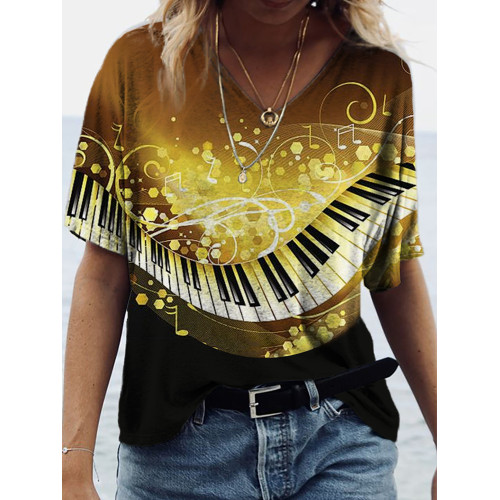 Music Note Piano Key Art Print V-Neck T-Shirt