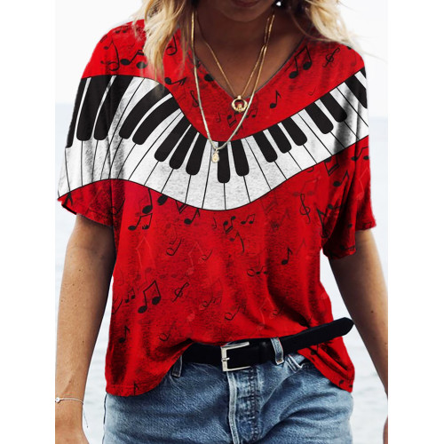 Music Note Piano Key Art Print V-Neck T-Shirt