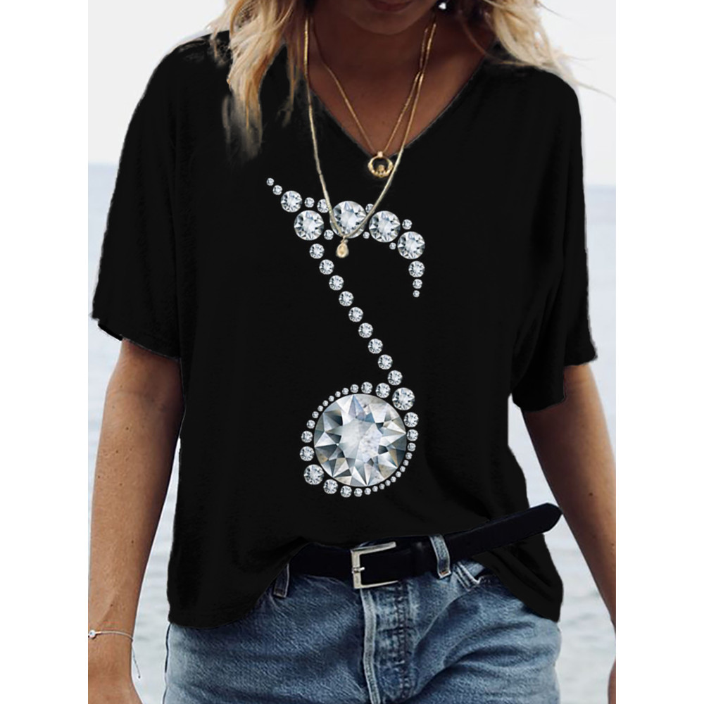 Music Note Rhinestone Diamond V-neck T-shirt