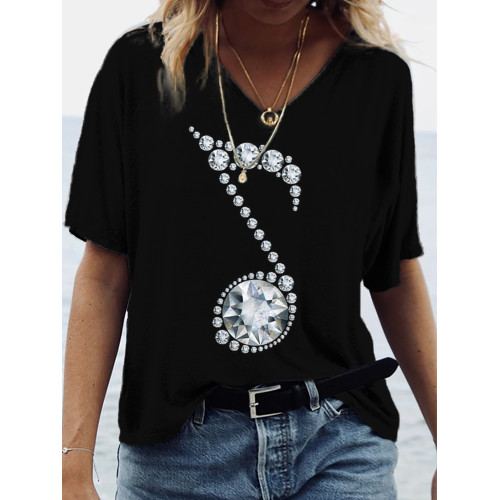 Music Note Rhinestone Diamond V-neck T-shirt
