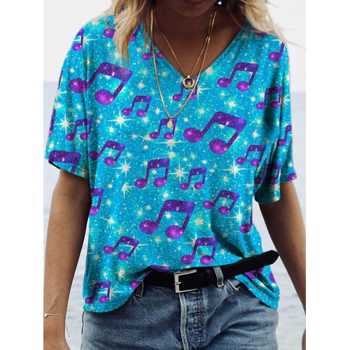 Music Note Star Sparkle Print V-Neck T-Shirt