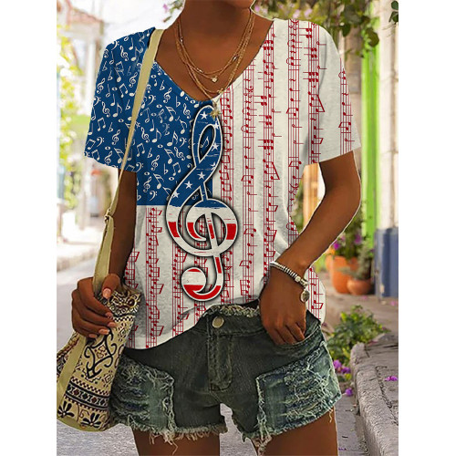 Music Notes America Flag V Neck T Shirt