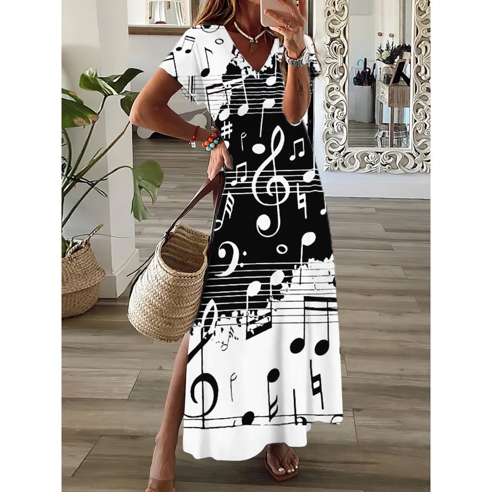 Music Notes Art Contrast V Neck Maxi Dress