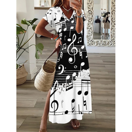 Music Notes Art Contrast V Neck Maxi Dress