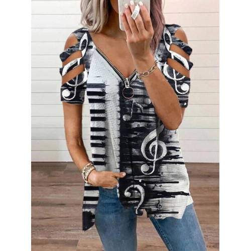 Music Notes Art Cutout Shoulder Zip T Shirt