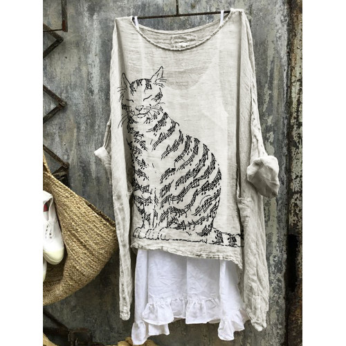 Music Notes Cat Art Flowy Linen Blend Tunic