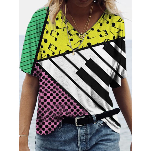Music Notes Color Stitching Piano Key Art Print V-Neck T-Shirt