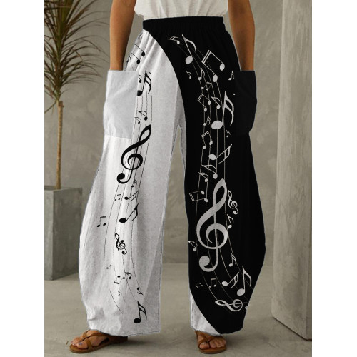 Music Notes Contrast Color Patch Pocket Wide Leg Pants