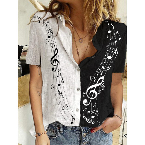 Music Notes Contrast Color Short Sleeve Blouse