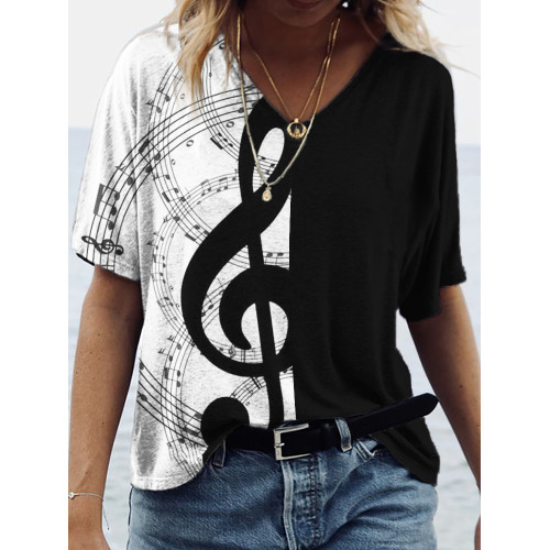 Music Notes Contrast Color V Neck T Shirt