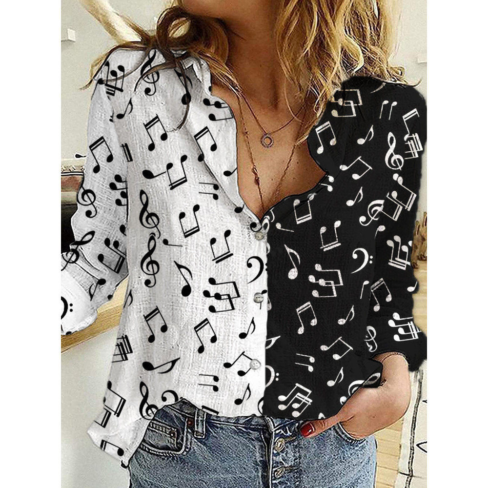 Music Notes Contrast Color Woven Blouse