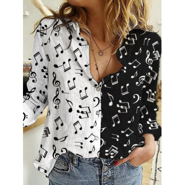 Music Notes Contrast Color Woven Blouse