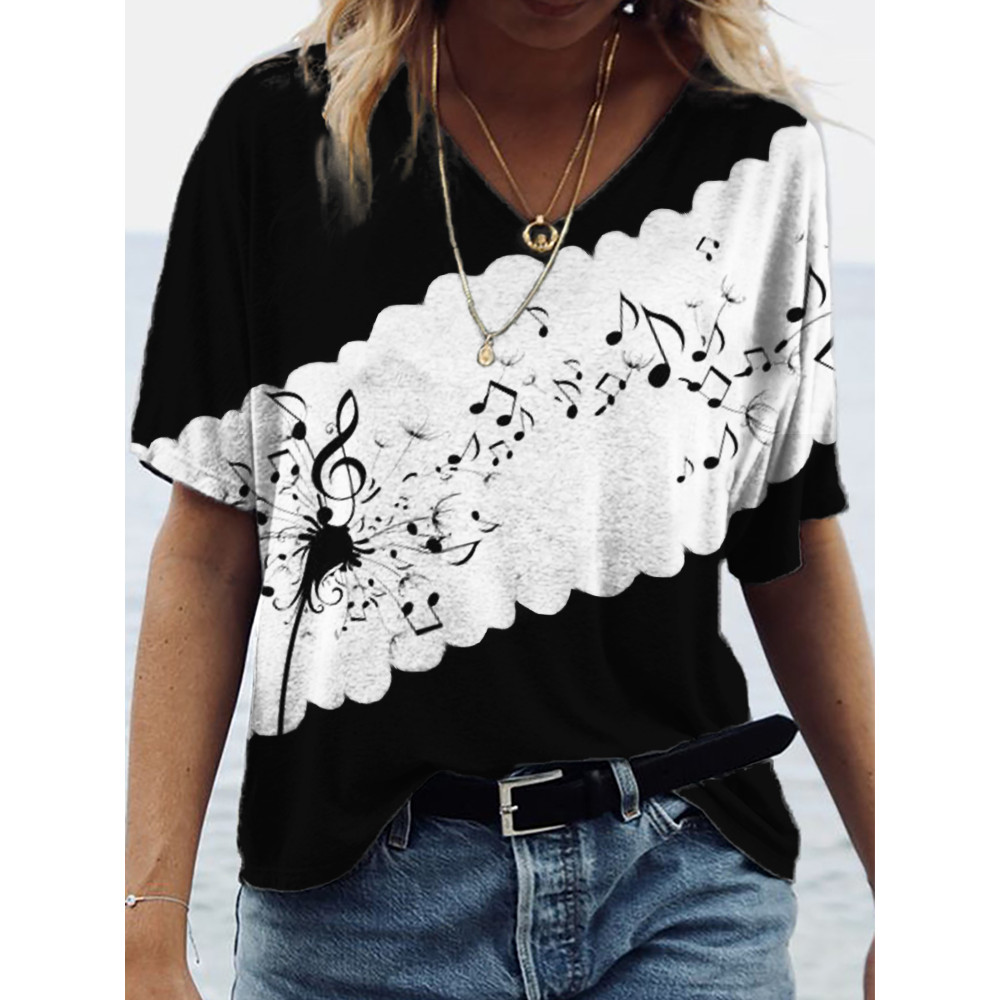 Music Notes Dandelion Contrast Tie Dye V Neck T Shirt