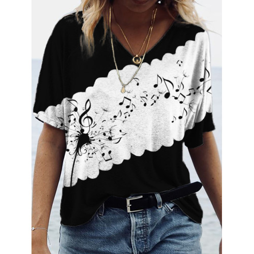 Music Notes Dandelion Contrast Tie Dye V Neck T Shirt