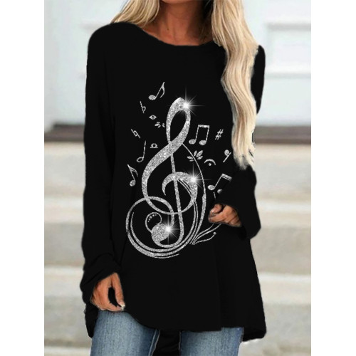 Music Notes Glitter Art Long Sleeve A Line T Shirt
