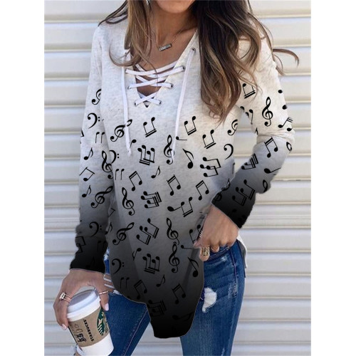 Music Notes Gradient Lace Up T Shirt