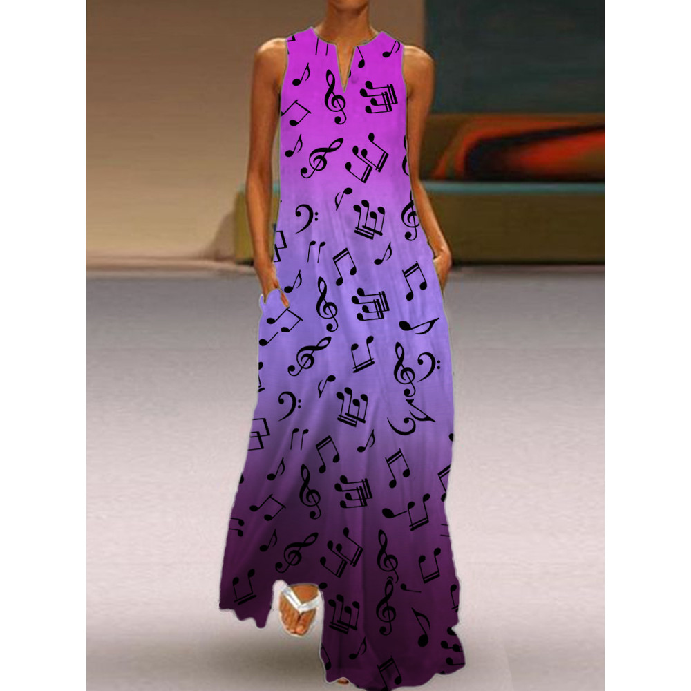 Music Notes Gradient Notch Neck Flowy Maxi Dress