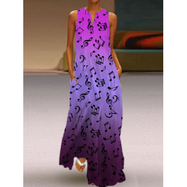 Music Notes Gradient Notch Neck Flowy Maxi Dress