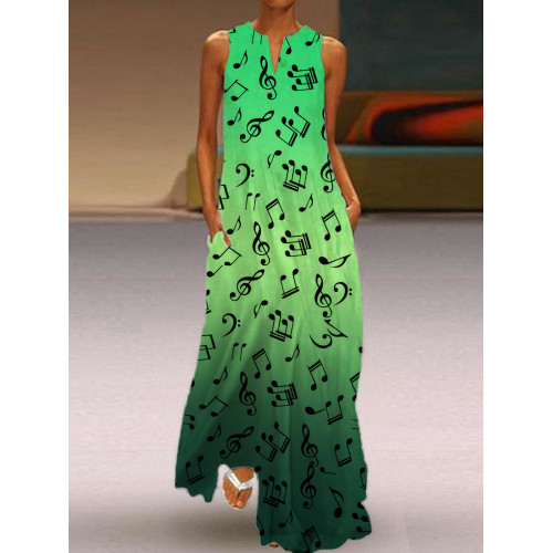 Music Notes Gradient Notch Neck Flowy Maxi Dress