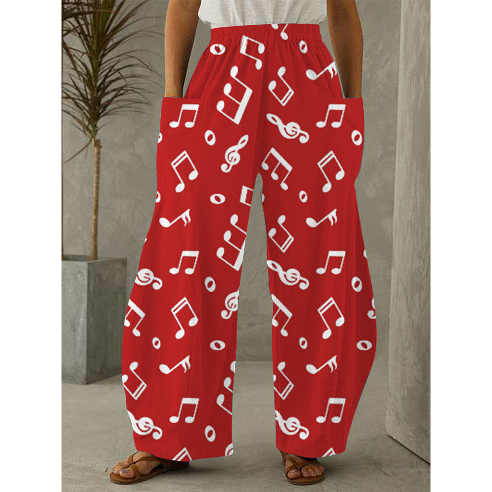 Music Notes Graphic Patch Pocket Wide Leg Pants