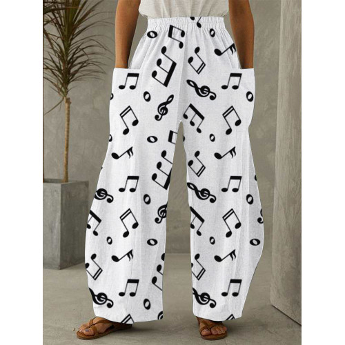 Music Notes Graphic Patch Pocket Wide Leg Pants