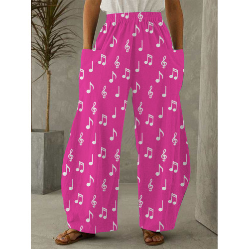 Music Notes Graphic Patch Pocket Wide Leg Pants