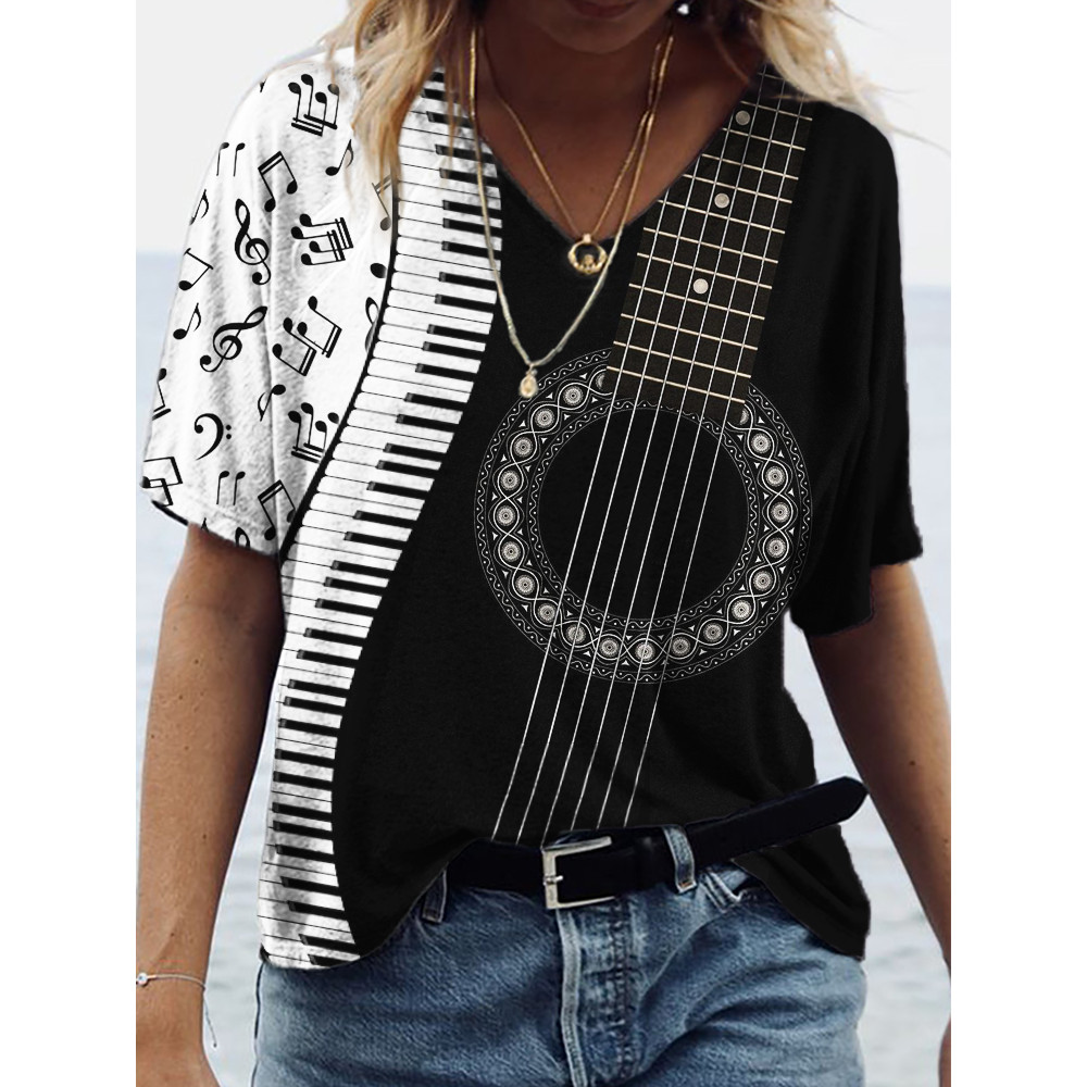 Music Notes Guitar & Piano Inspired V Neck T Shirt