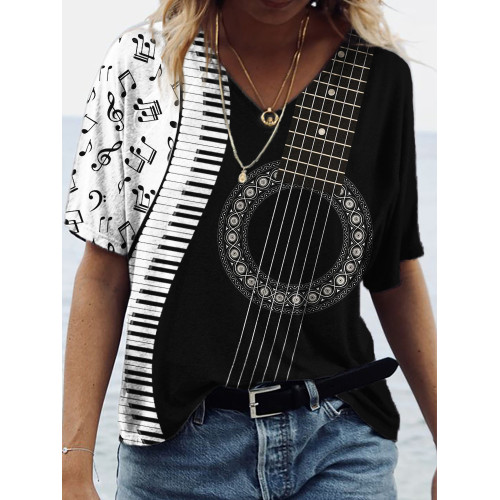 Music Notes Guitar & Piano Inspired V Neck T Shirt