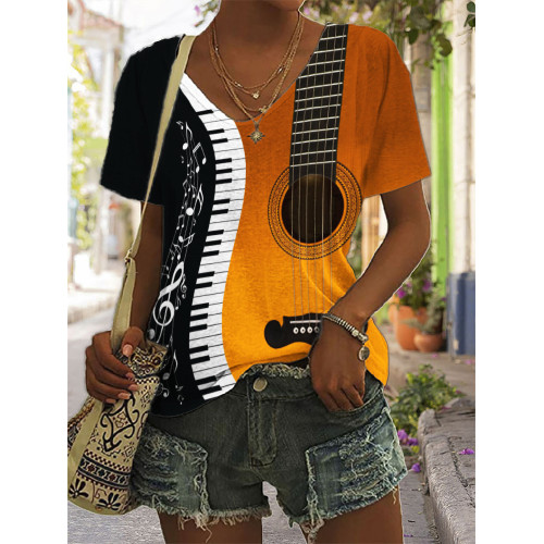 Music Notes Guitar & Piano Keys Contrast V Neck T Shirt