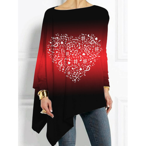 Music Notes Heart Red Gradient Bat Sleeve T Shirt