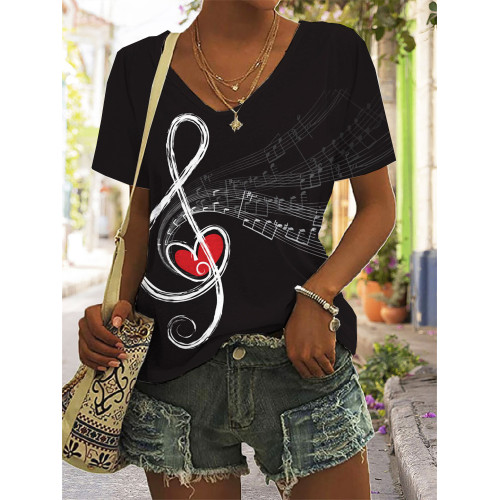Music Notes Heart V Neck Casual Cozy T Shirt