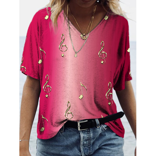 Music Notes Inspired Gradient V Neck Comfy T Shirt
