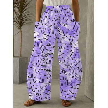 Music Notes Inspired Patch Pocket Wide Leg Casual Pants
