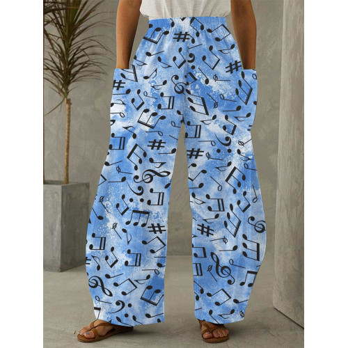 Music Notes Inspired Patch Pocket Wide Leg Casual Pants