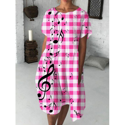 Music Notes Inspired Pink Plaid Round Neck Midi Dress