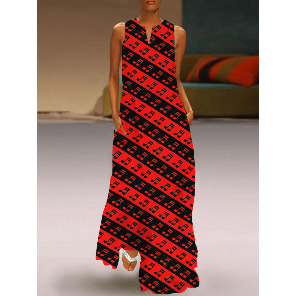 Music Notes Inspired Striped Notch Neck Maxi Dress