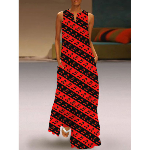 Music Notes Inspired Striped Notch Neck Maxi Dress